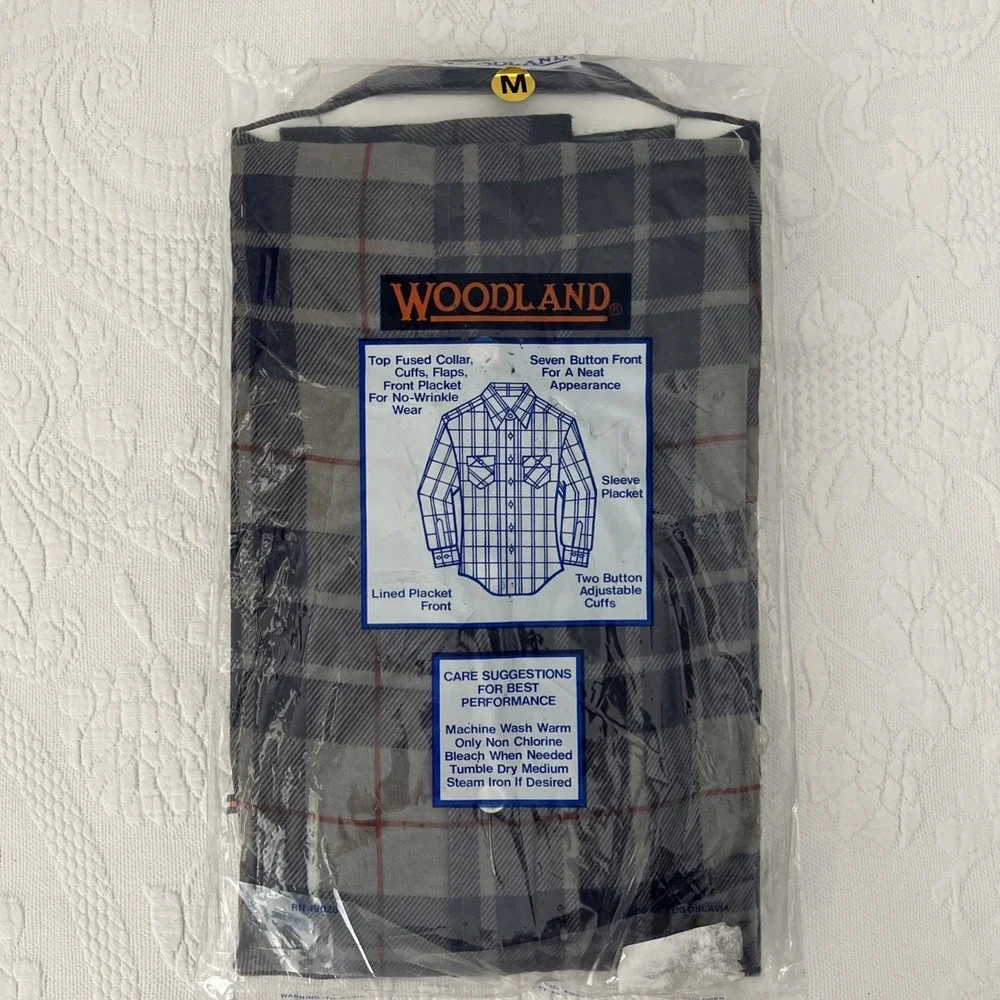 Vintage DEADSTOCK Woodland Brushed Flannel Plaid Perma Medium Blue Shirt Button